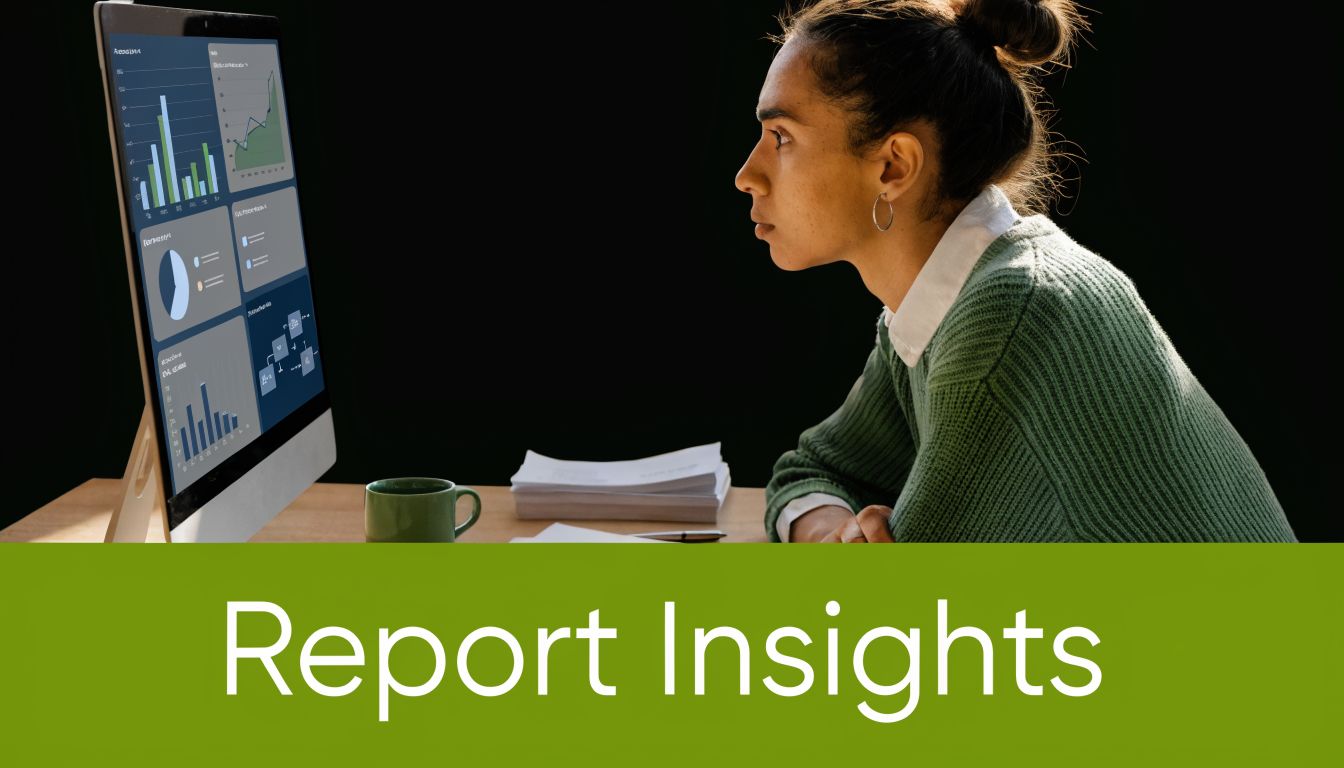 A focused woman reviewing various data visualization charts and graphs on a desktop computer screen.
