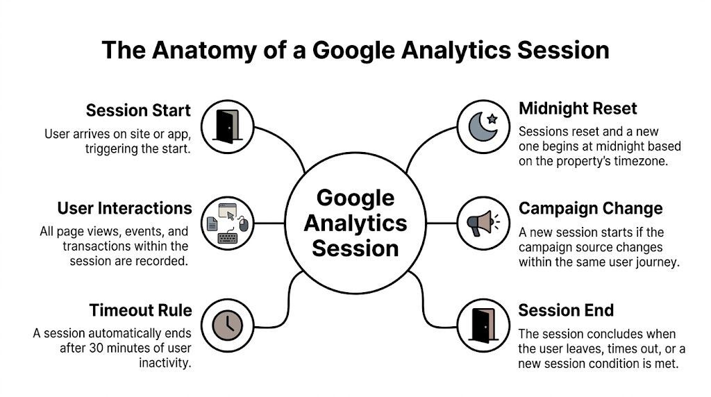 A diagram illustrating the anatomy of a Google Analytics session, including session starts, interactions, timeouts, and resets.