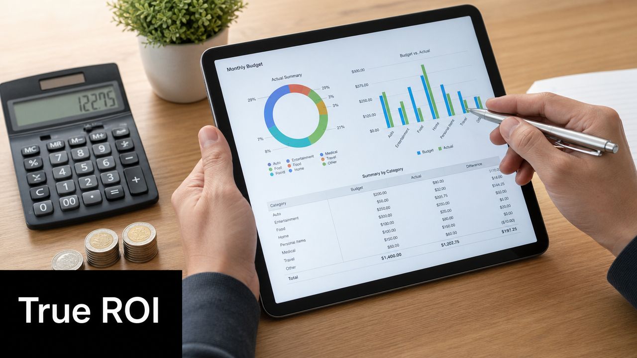 A person reviewing a digital tablet screen showing detailed monthly budget charts, graphs, and financial summary tables.