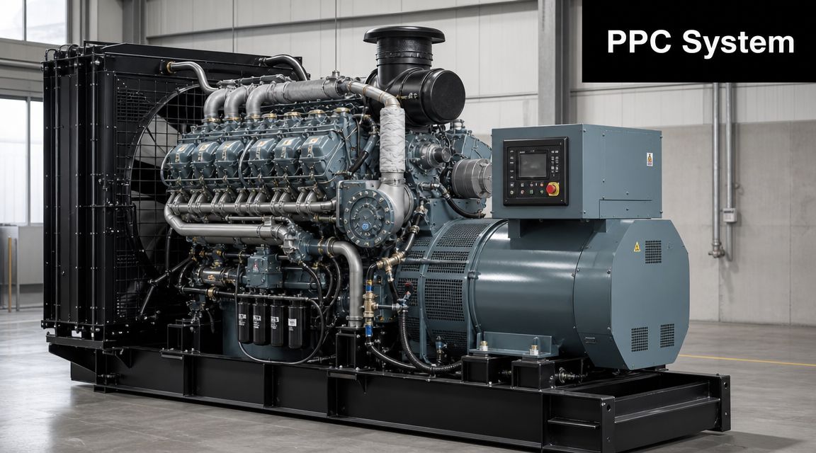 A large industrial diesel power generator set sits on a metal frame inside a spacious manufacturing warehouse.