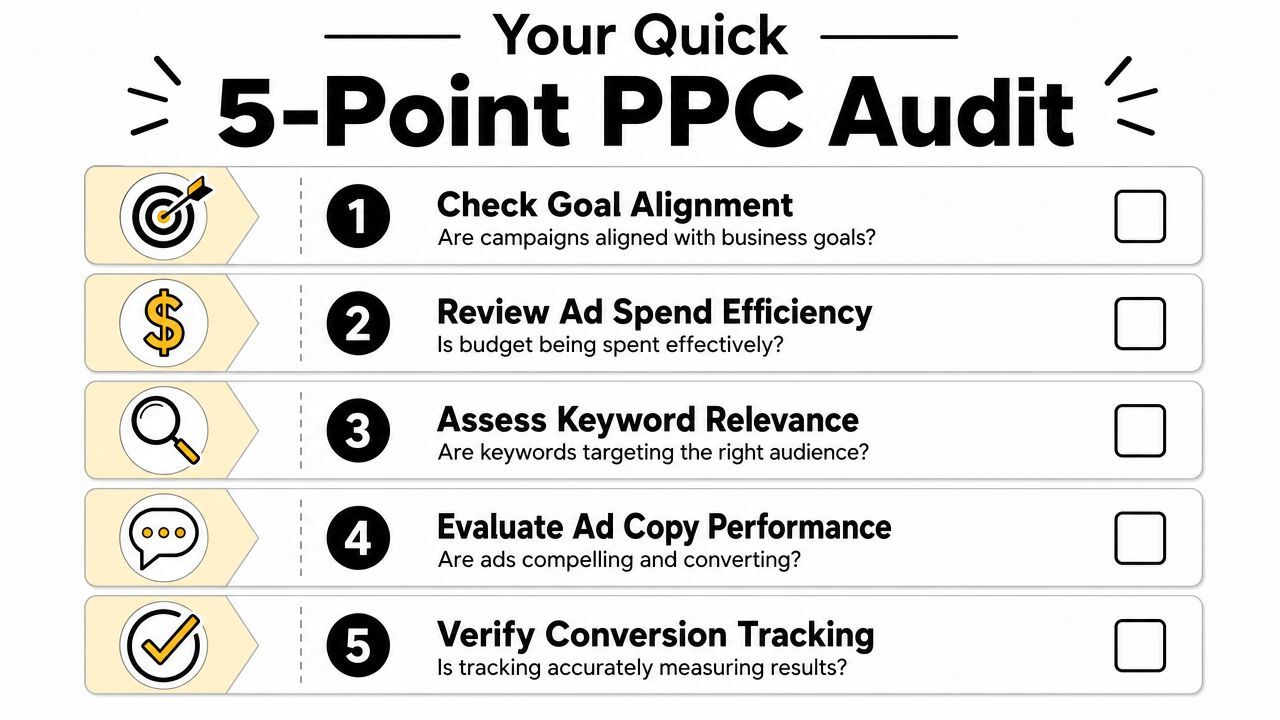 A checklist titled Your Quick 5-Point PPC Audit showing key steps for optimizing online advertising campaigns.