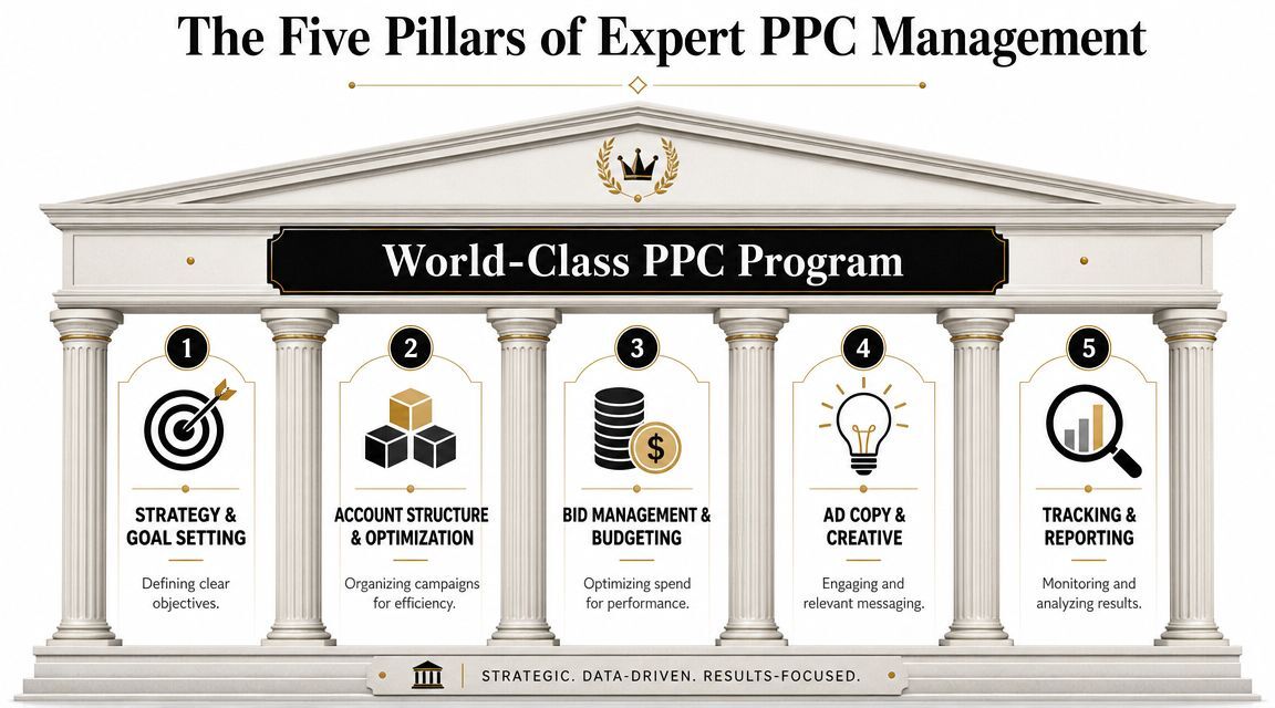 A diagram illustrating the five pillars of expert PPC management for building a world-class program.